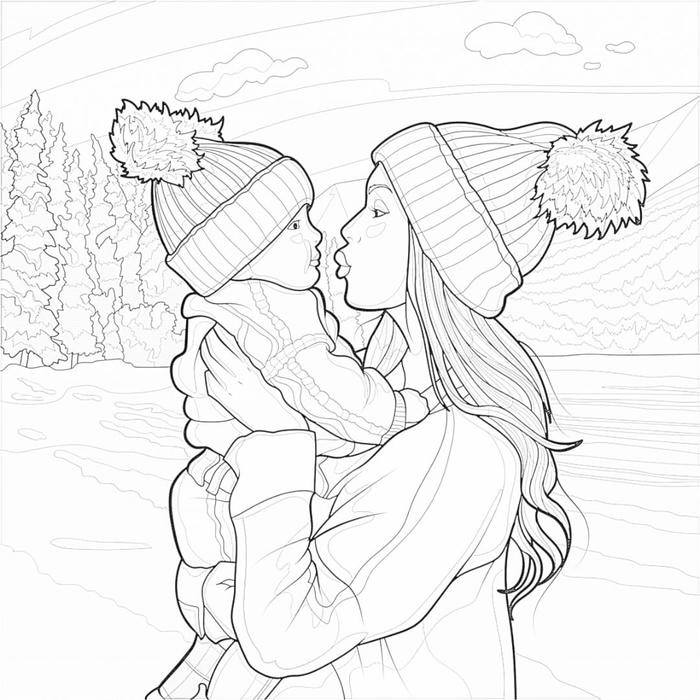 hình tranh tô màu mẹ bế con nhỏ