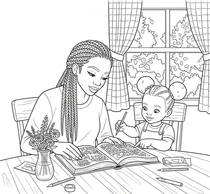 hình tranh tô màu mẹ chăm con học bài