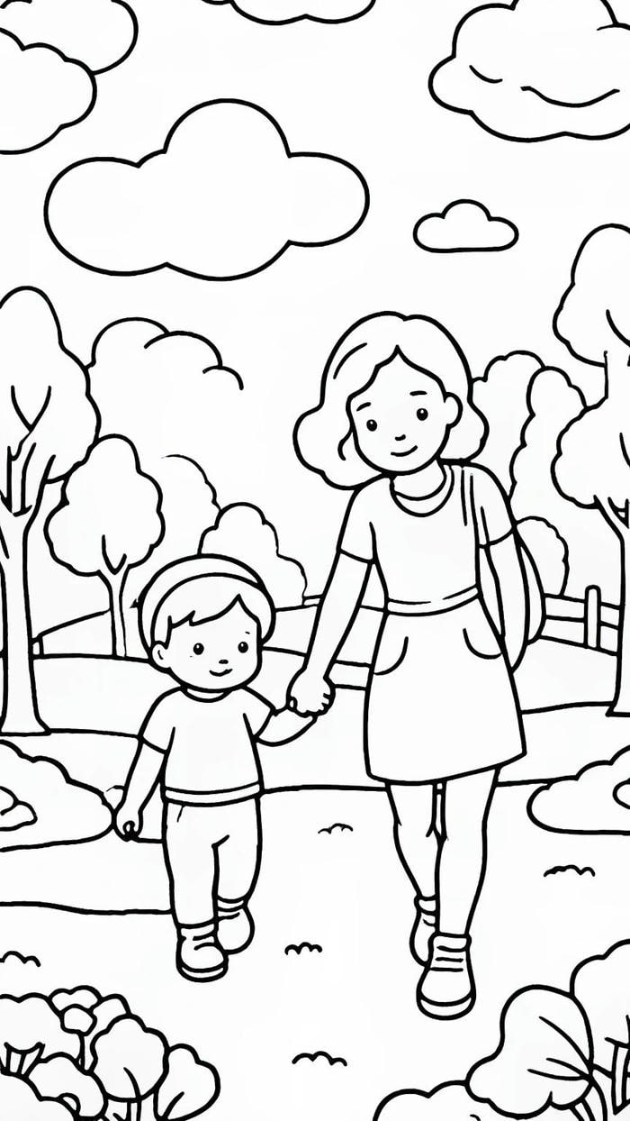 hình tranh tô màu mẹ dắt con đi học