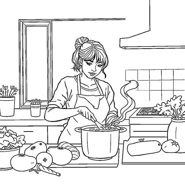 hình tranh tô màu mẹ nấu ăn gia đình
