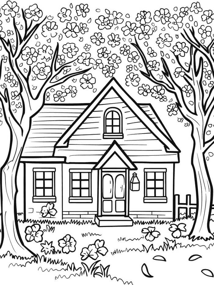 hình tranh tô màu ngôi nhà trong rừng hoa