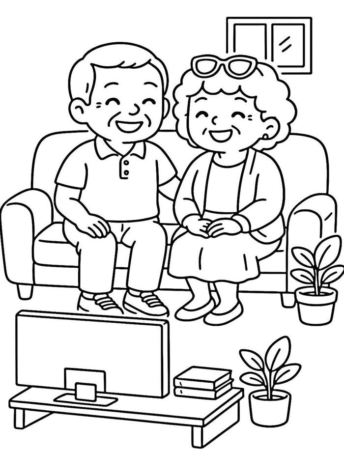 hình tranh tô màu ông bà ngồi ghế