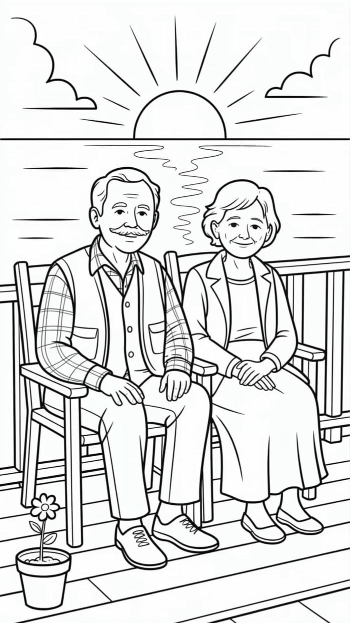 hình tranh tô màu ông bà ngồi thư giãn