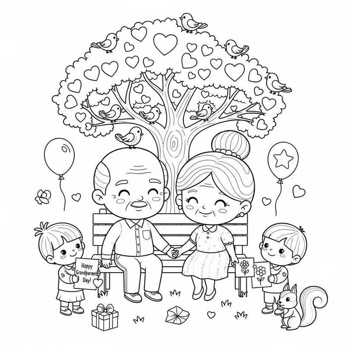 hình tranh tô màu ông bà vui vẻ bên cháu