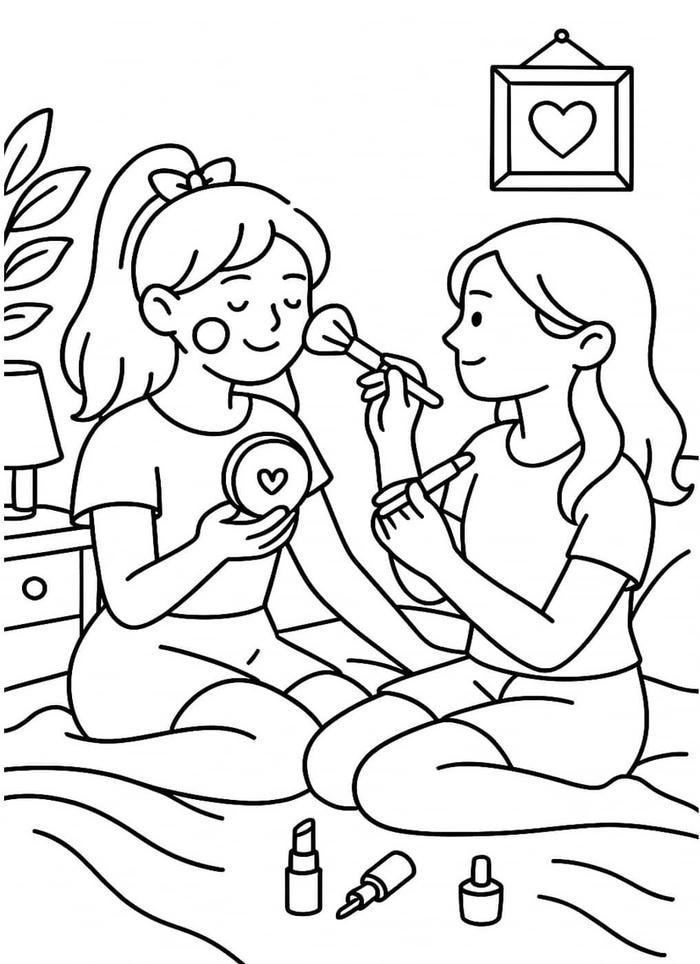 tô màu 2 bạn gái trang điểm cho nhau