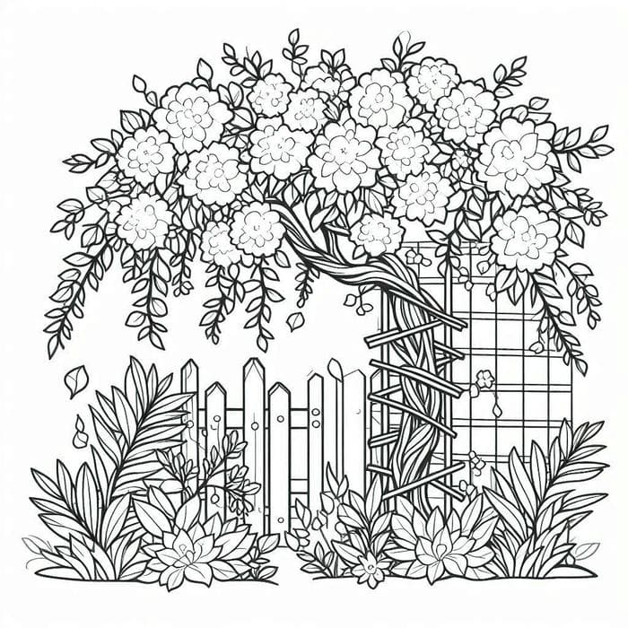 tô màu hoa dây leo quanh hàng rào gỗ