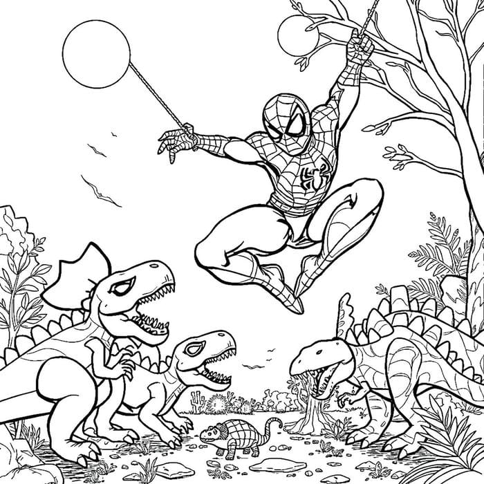 tô màu người nhện chiến đấu với khủng long
