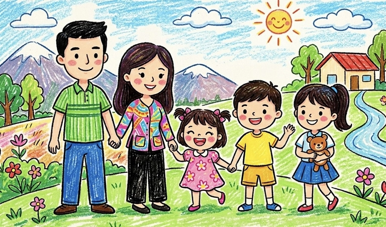 tranh gia đình 5 người yêu thương đơn giản mà đẹp