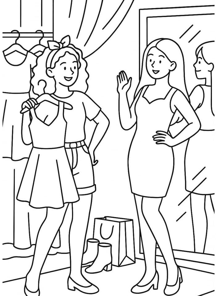 tranh tô màu bạn gái đi mua sắm