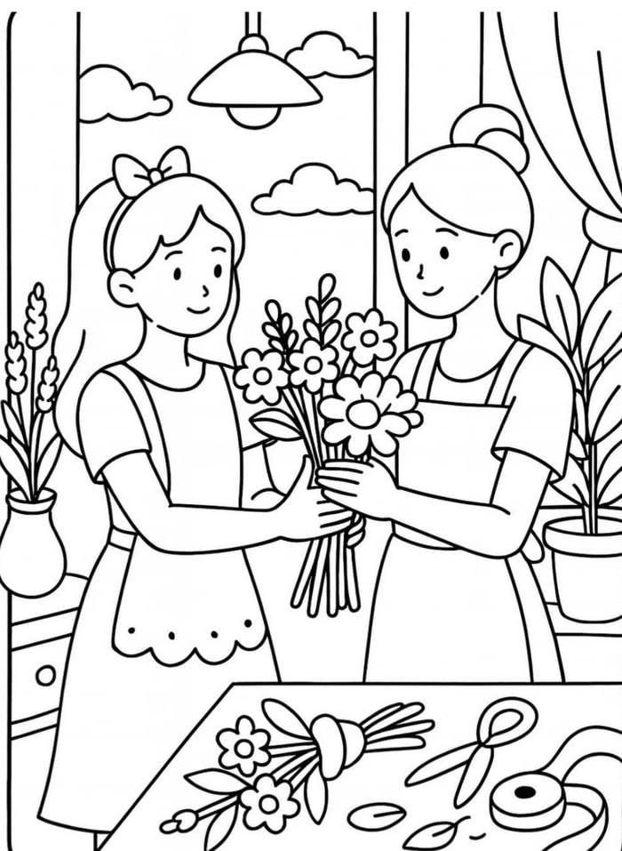 tranh tô màu bạn gái học cắm hoa