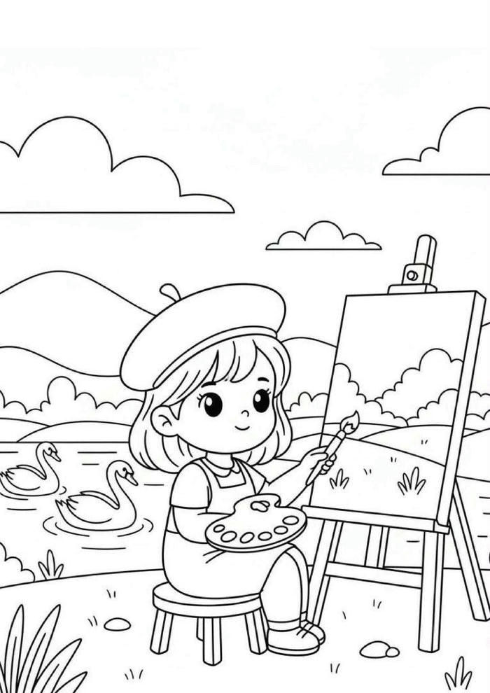 tranh tô màu bạn gái vẽ phong cảnh