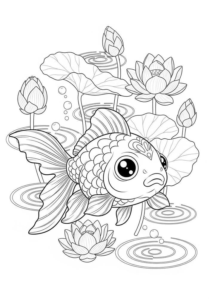 tranh tô màu cá và hoa sen