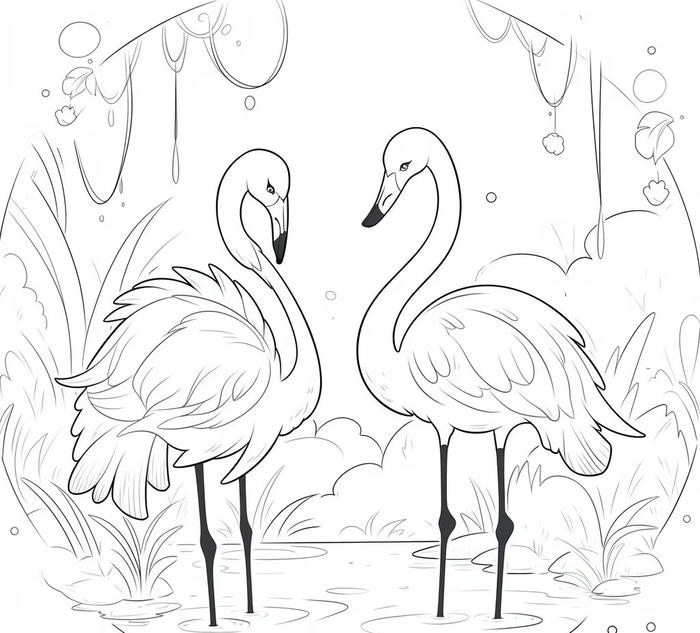 tranh tô màu chim hồng hạc đứng dưới nước