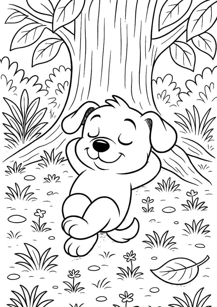 tranh tô màu chó bên gốc cây