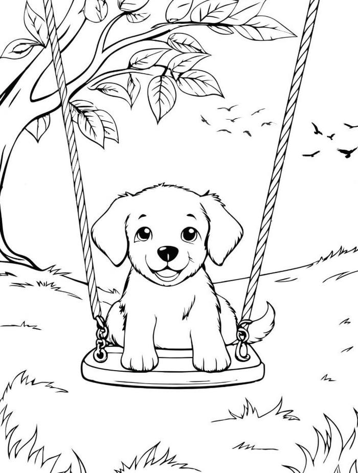 tranh tô màu chó trên xích đu