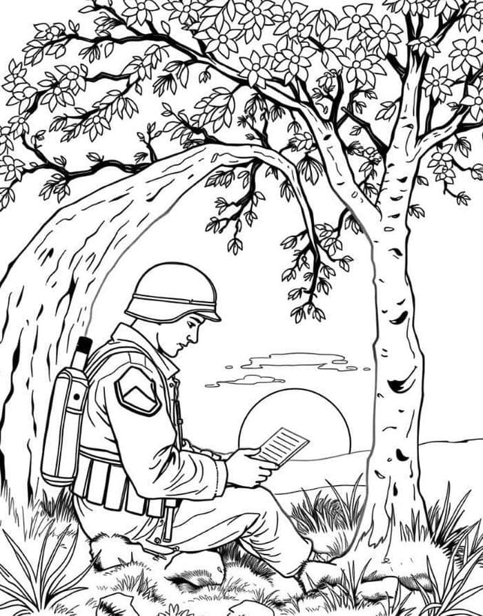 tranh tô màu chú bộ đội đọc thư