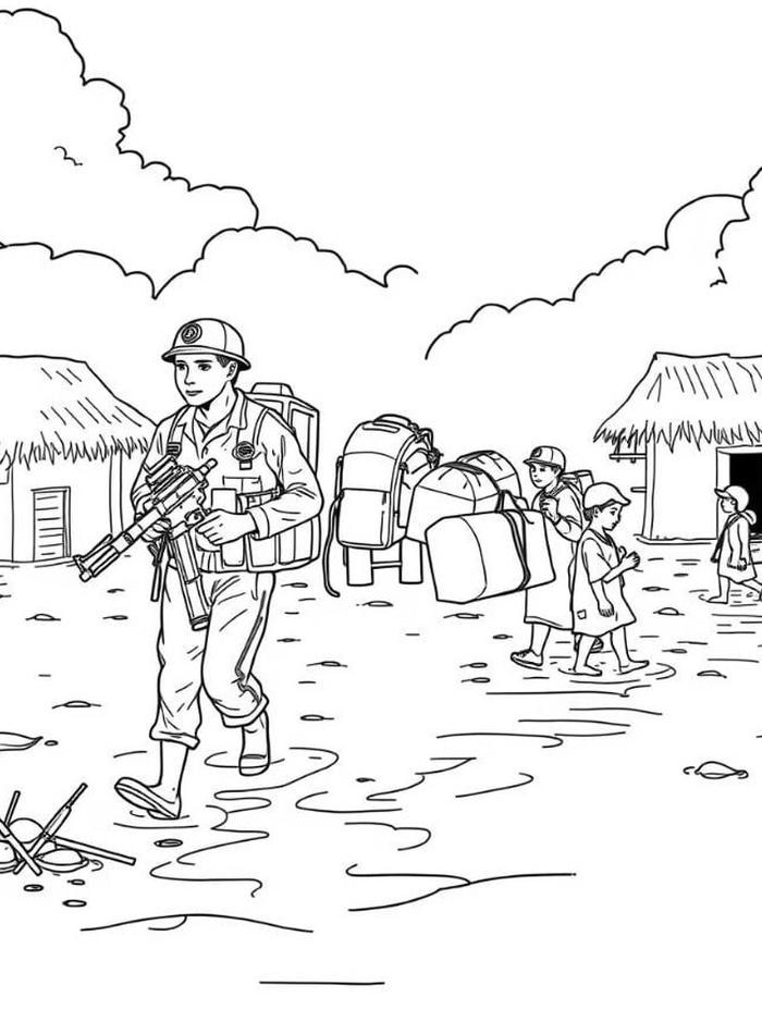 tranh tô màu chú bộ đội trong làng quê