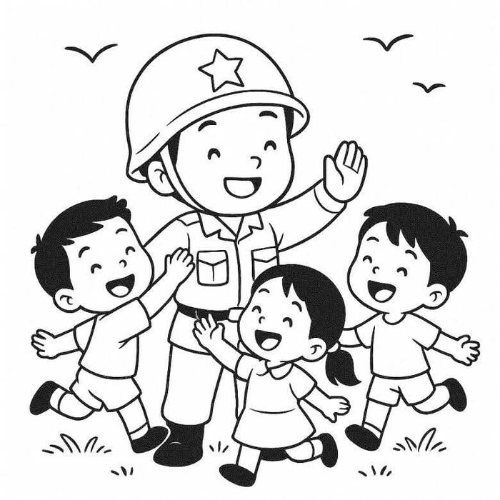 tranh tô màu chú bộ đội vui cùng trẻ
