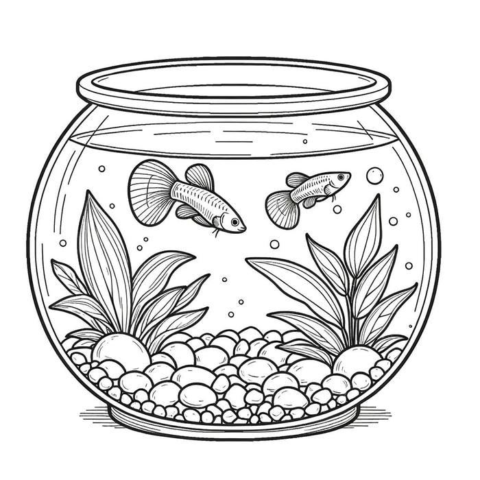tranh tô màu con cá nhỏ trong bể