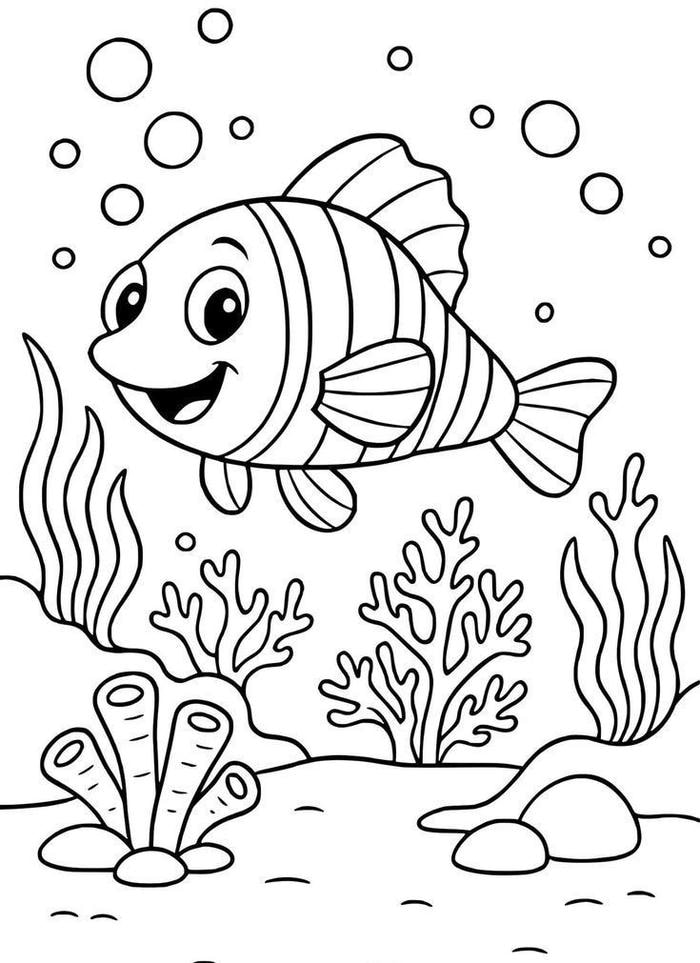 tranh tô màu con cá và bọt nước