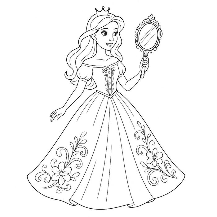 tranh tô màu công chúa soi gương