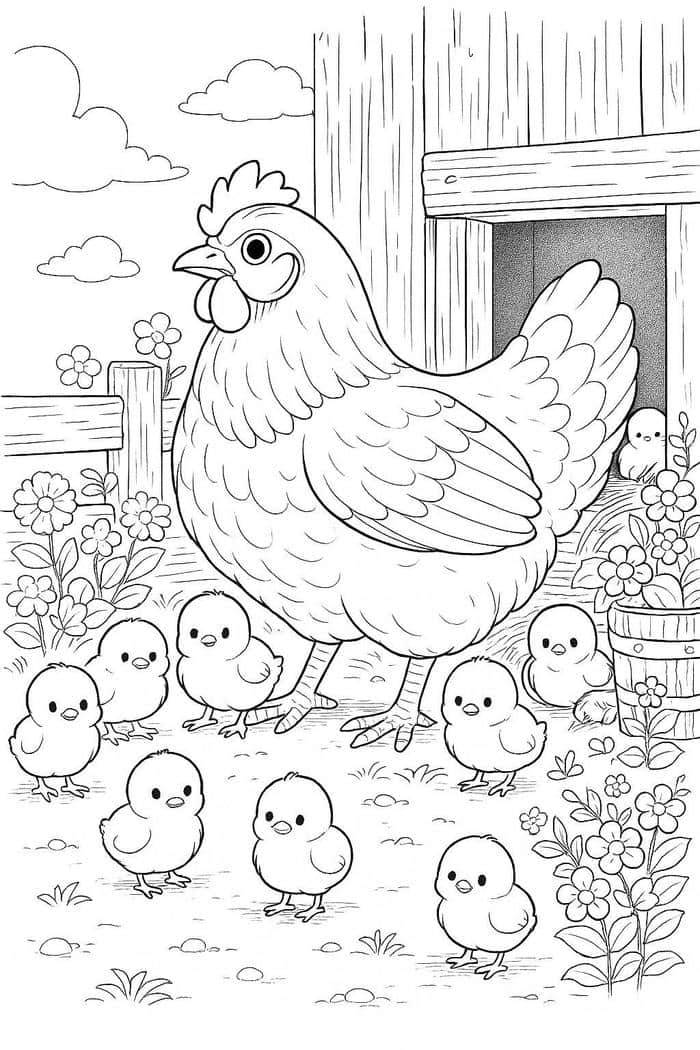 tranh tô màu gà mẹ và đàn gà con