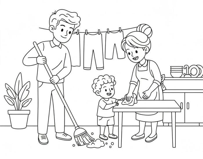 tranh tô màu gia đình cùng dọn dẹp