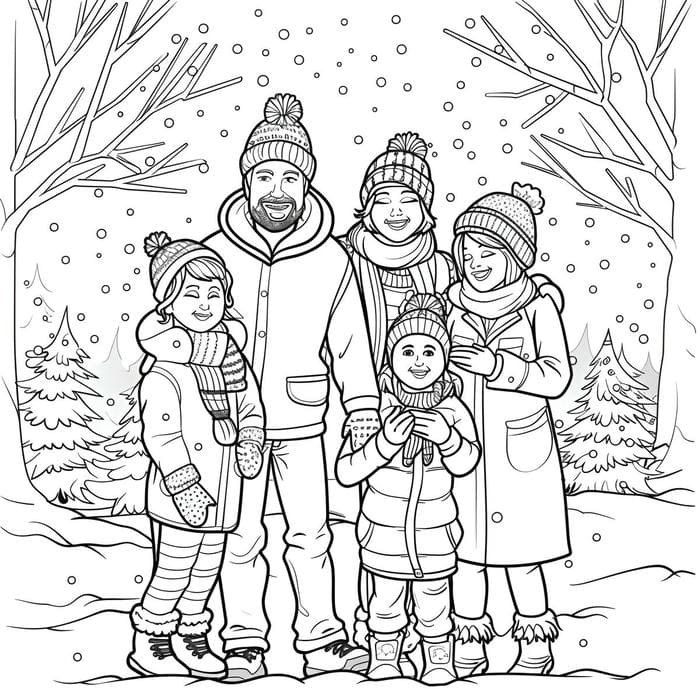 tranh tô màu gia đình cùng đón tuyết