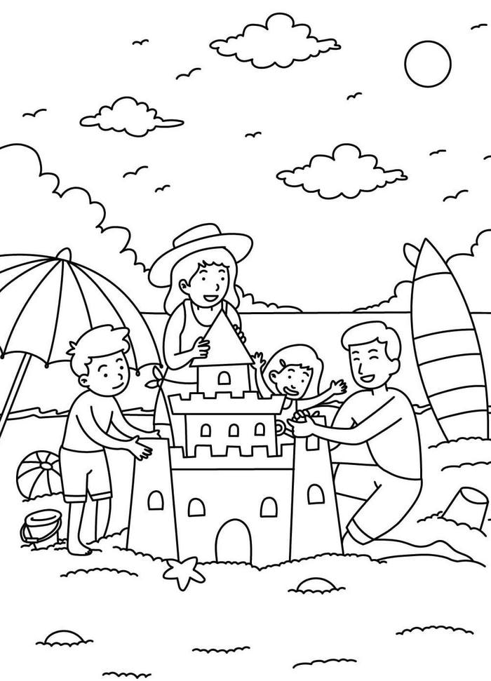tranh tô màu gia đình xây lâu đài cát