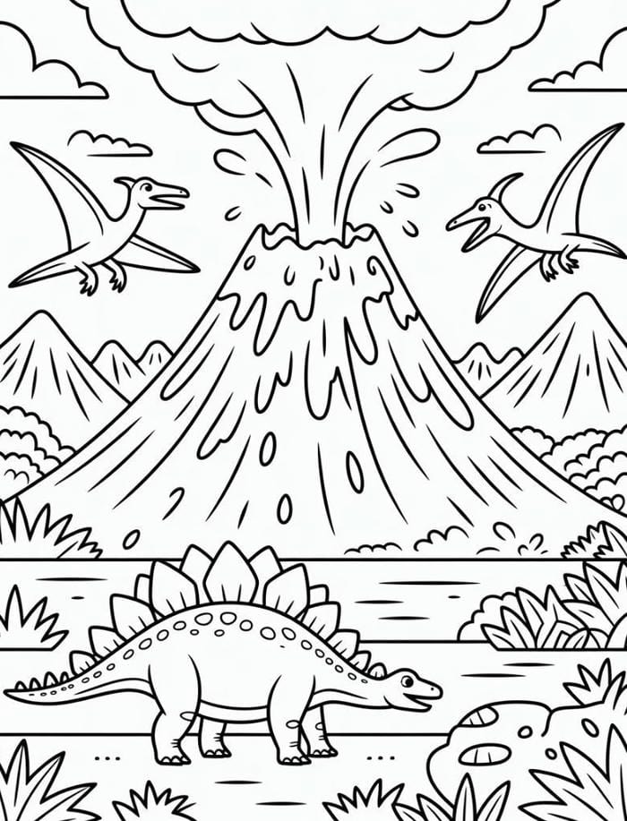 tranh tô màu khủng long gần núi lửa