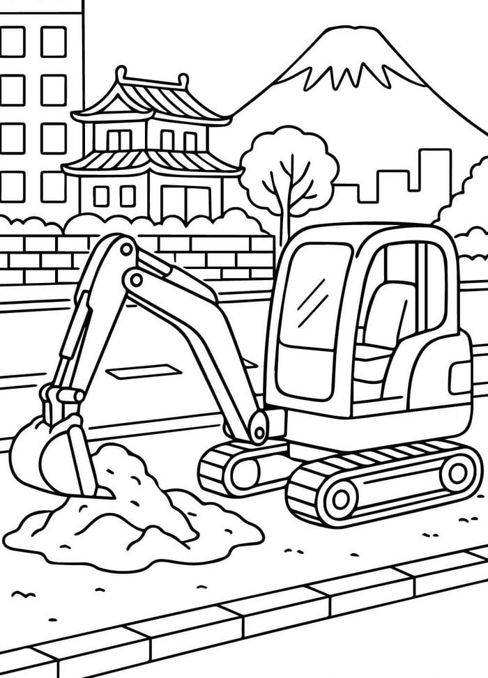 tranh tô màu máy xúc hạ gầu đào đất