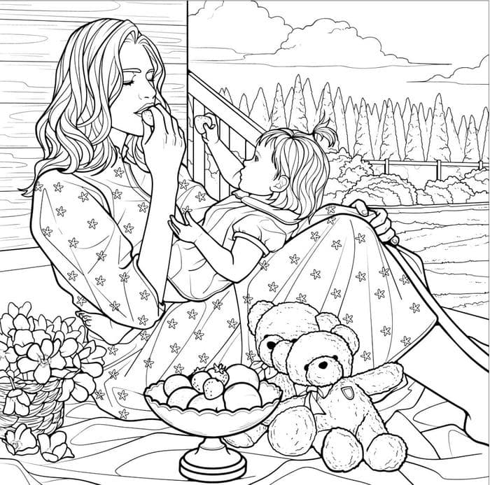 tranh tô màu mẹ cùng con bên hiên nhà