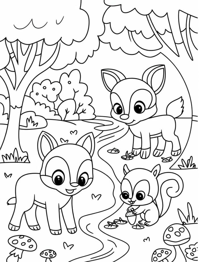 tranh tô màu nai và sóc trong rừng