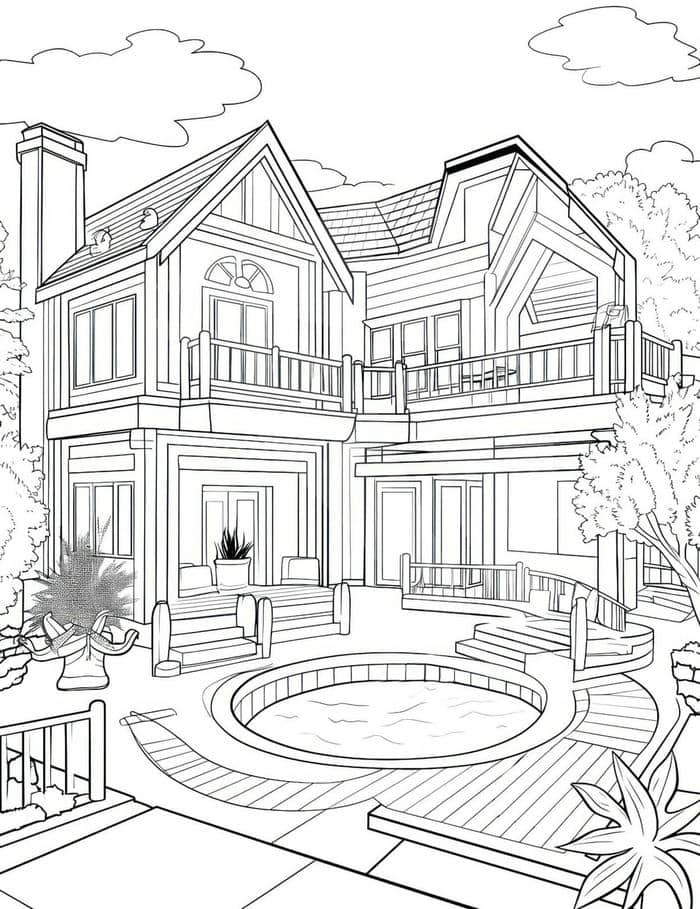 tranh tô màu ngôi nhà có hồ bơi