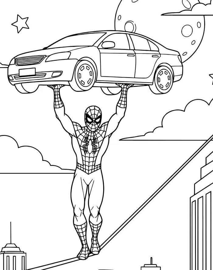 tranh tô màu người nhện nâng ô tô