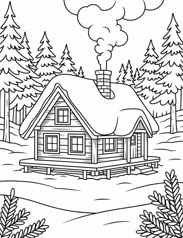 tranh tô màu nhà trong rừng thông