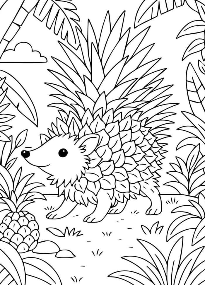 tranh tô màu nhím trong rừng dứa