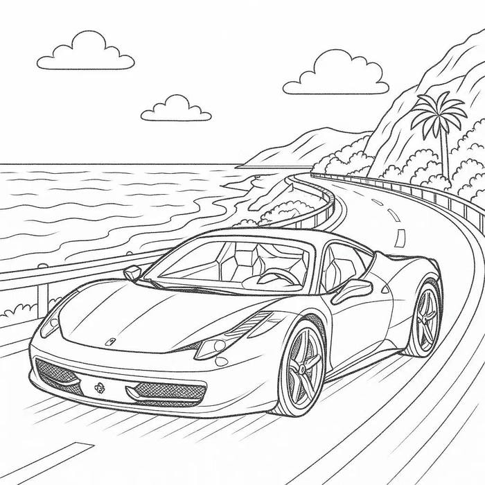 tranh tô màu ô tô chạy trên đường biển