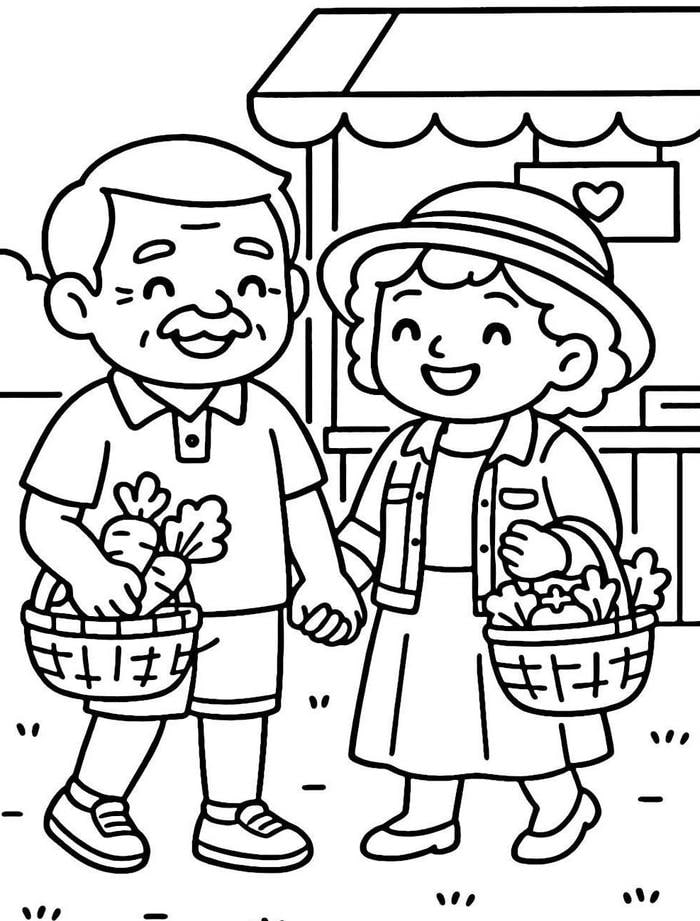 tranh tô màu ông bà đi chợ