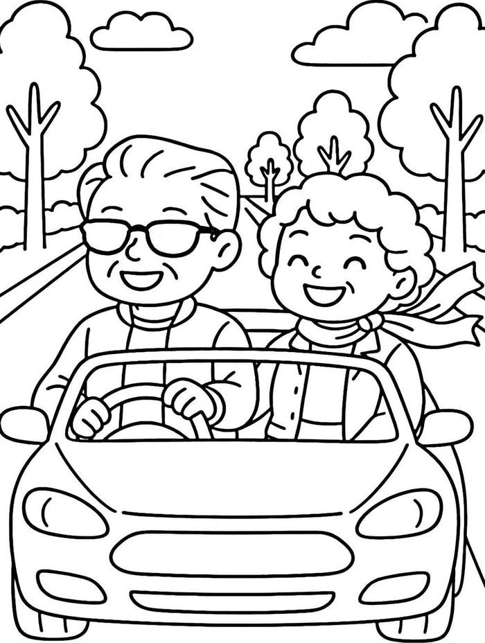 tranh tô màu ông bà lái ô tô