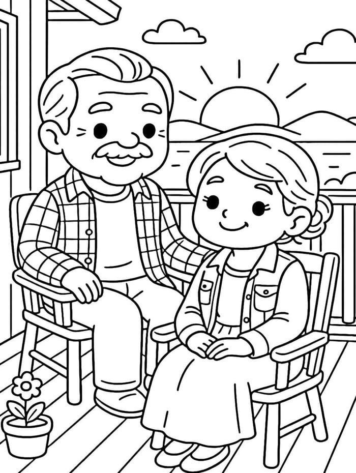 tranh tô màu ông bà ngồi uống trà buổi chiều