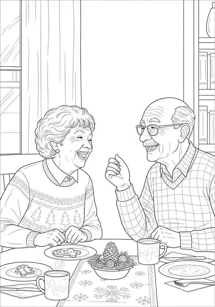 tranh tô màu ông bà nói chuyện vui vẻ