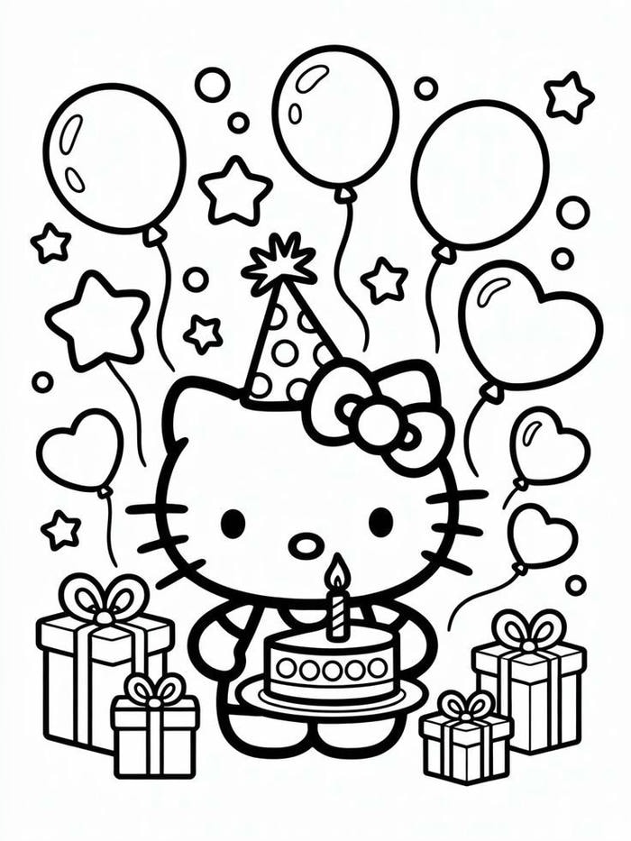 tranh tô màu sinh nhật mèo hello kitty
