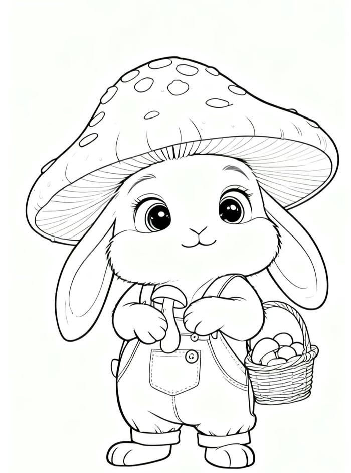 tranh tô màu thỏ đội mũ nấm