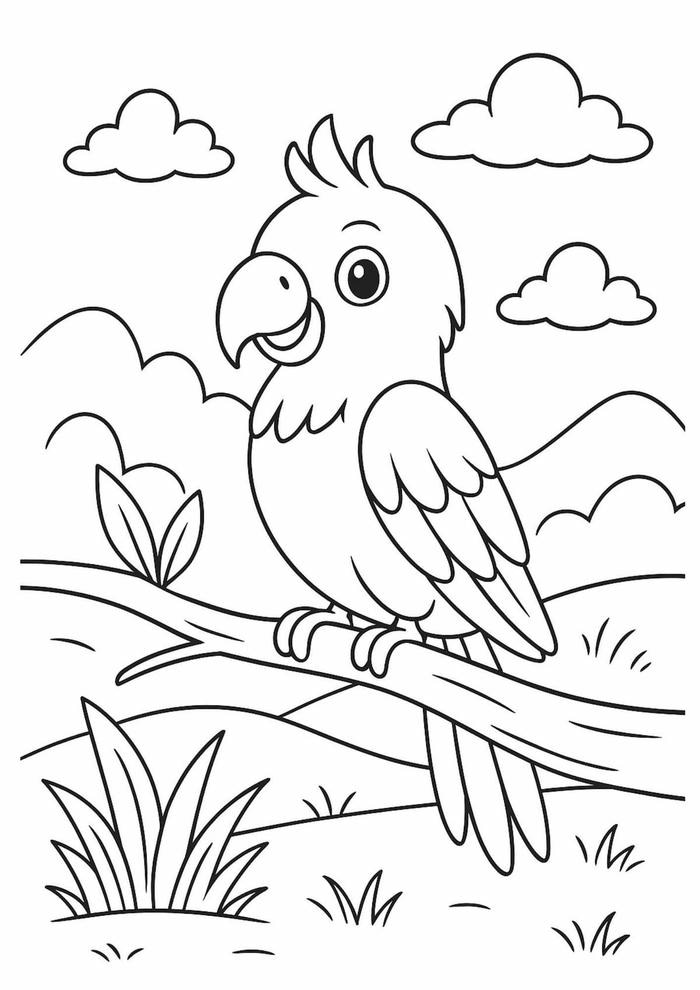 tranh tô màu vẹt mỏ cong trên cành