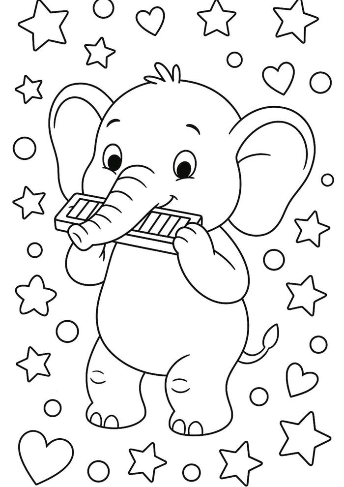 tranh tô màu voi thổi kèn cho bé 5-6 tuổi