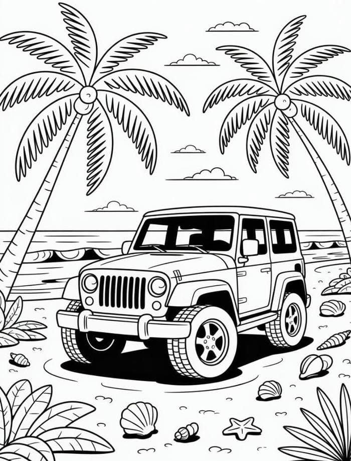 tranh tô màu xe ô tô bên bờ biển