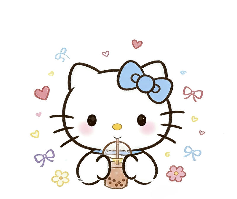 Ảnh Hello Kitty chibi dễ thương đang ôm cốc nước nhỏ xinh