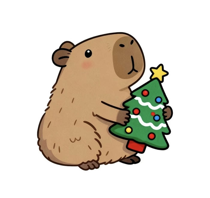 Ảnh capybara chibi ôm cây thông