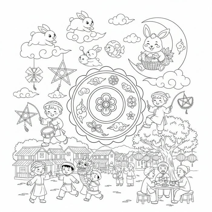 Ảnh trung thu thiếu nhi vui chơi rước đèn tô màu